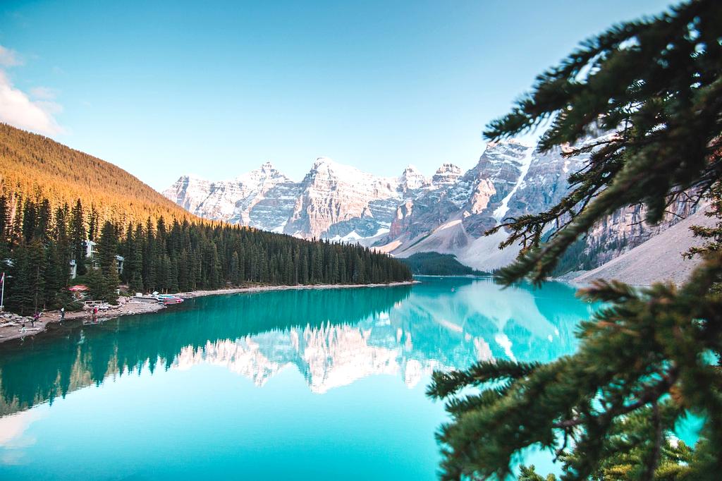 Mountain lake reflection in Banff National Park, Canada